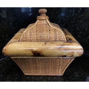 Vintage Wicker Rattan Scorched Bamboo Storage Box With Lid Planter